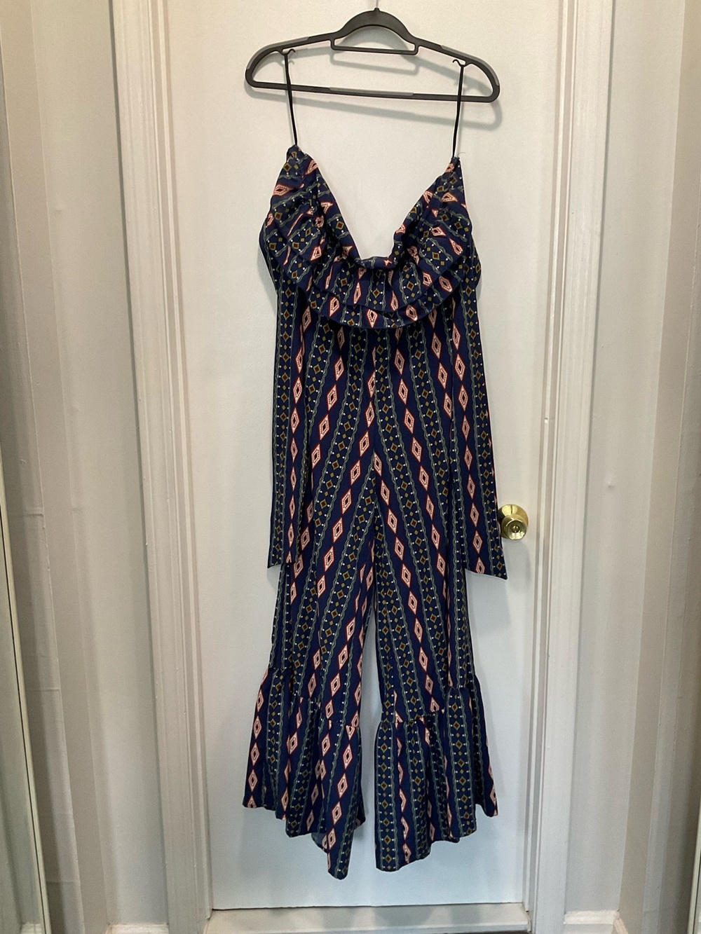 Navy Pink Diamond-Print Ruffle Jumpsuit